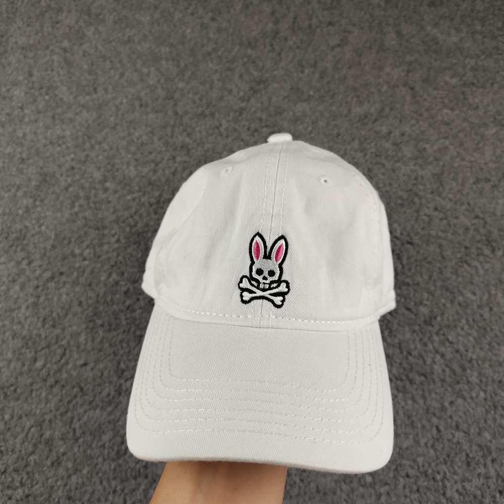 Psycho Bunny White Cotton Twill Baseball Cap Adjustable Hat Bunny Skull Logo O/S